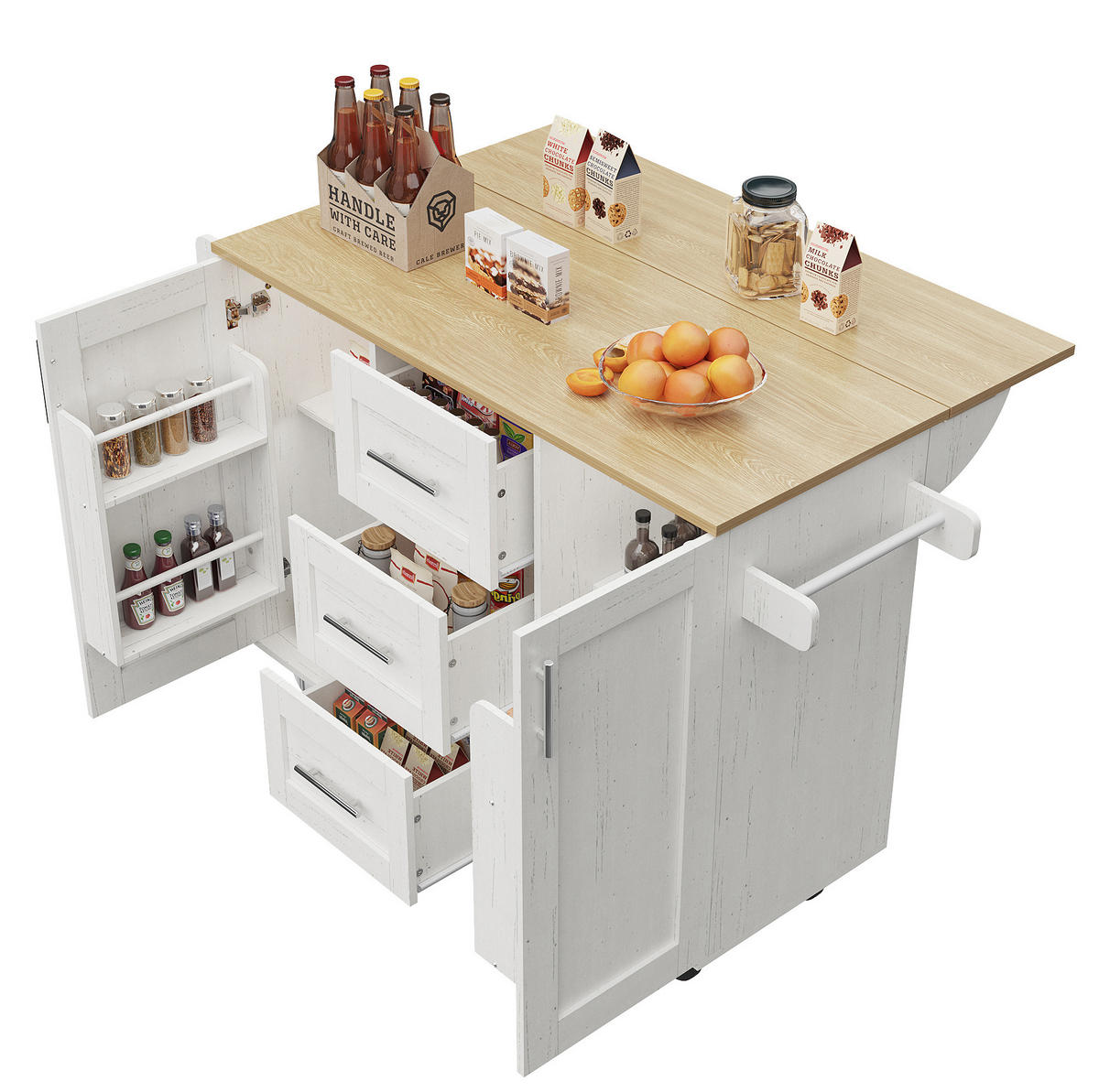KÜCHENINSEL 135/46-74/86,6 cm weiß und Metall mit klappbarer Tischplatte - Weiß, Holzwerkstoff (135/87.2/74cm) - OKWISH