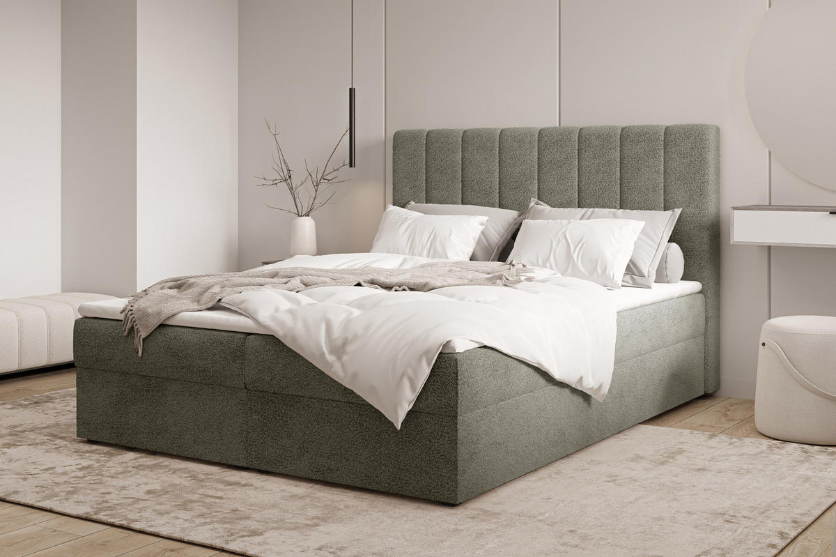 BOXBETT 01 140 x 200 cm - Arena – Stilvoll und bequem Mit Bettkasten, PU-Topper, Federmechanismus, waschbarer Bezug - Olivgrün, Holz (140/200cm) - ROYAL24_MARKT