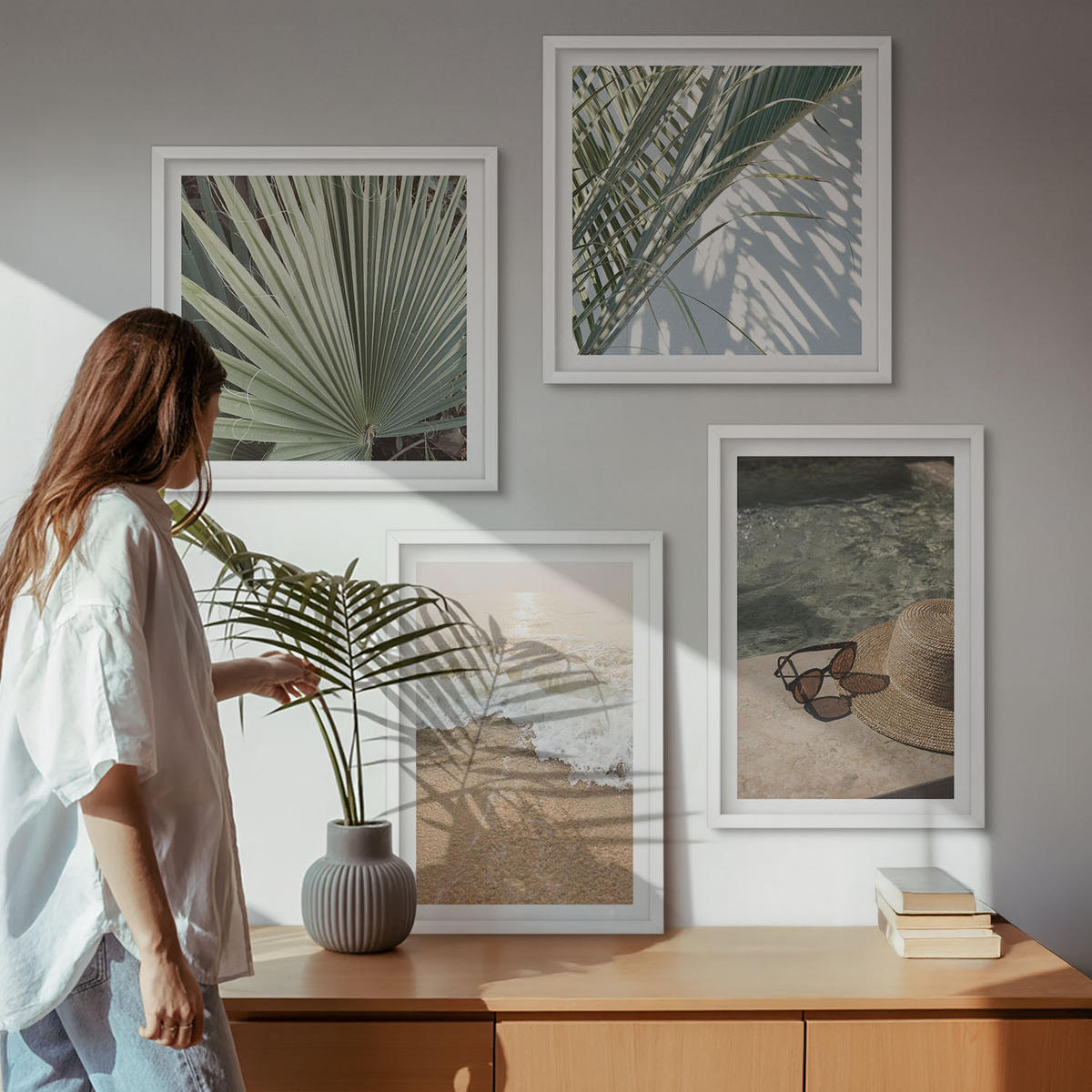 WANDBILDER 4er-Set - 50x50 cm & 40x60 cm Weißer Rahmen - Strandhut und Sonnenbrille - Weiß, Kunststoff (50/50cm) - ArtPrintCave
