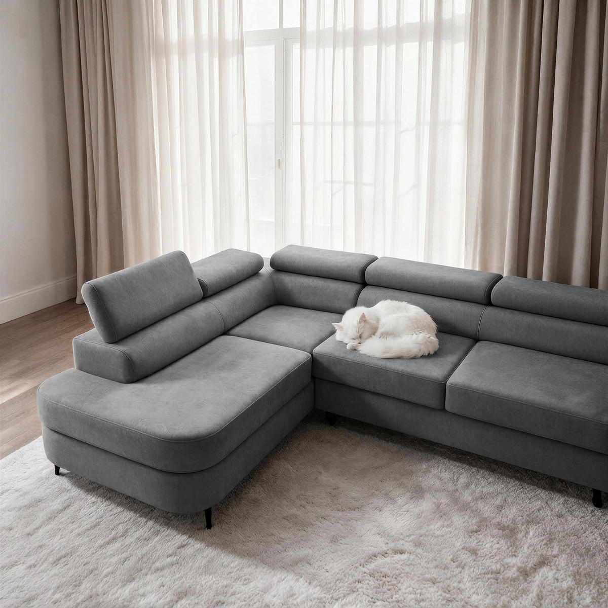 ECKSOFA PRIAM MAXI L-Form Links mit Schlaffunktion 125x195 Velours Grau - Schwarz/Grau, Holz/Textil (203/350cm) - Muffo
