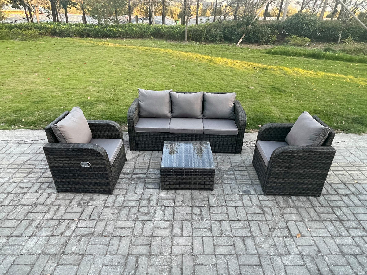 GARTENMÖBELGARNITUR mit KISSEN Polyrattan Dunkelgrau 5-Sitzer - Dunkelgrau/Grau, Glas/Kunststoff - Fimous