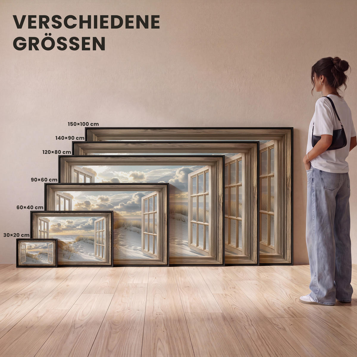 LEINWAND Bilder mit Rahmen - Ausblick - Strand - Dünen - Meer - Natur - 120x80 - Sandfarben, Textil (120/80cm) - MuchoWow
