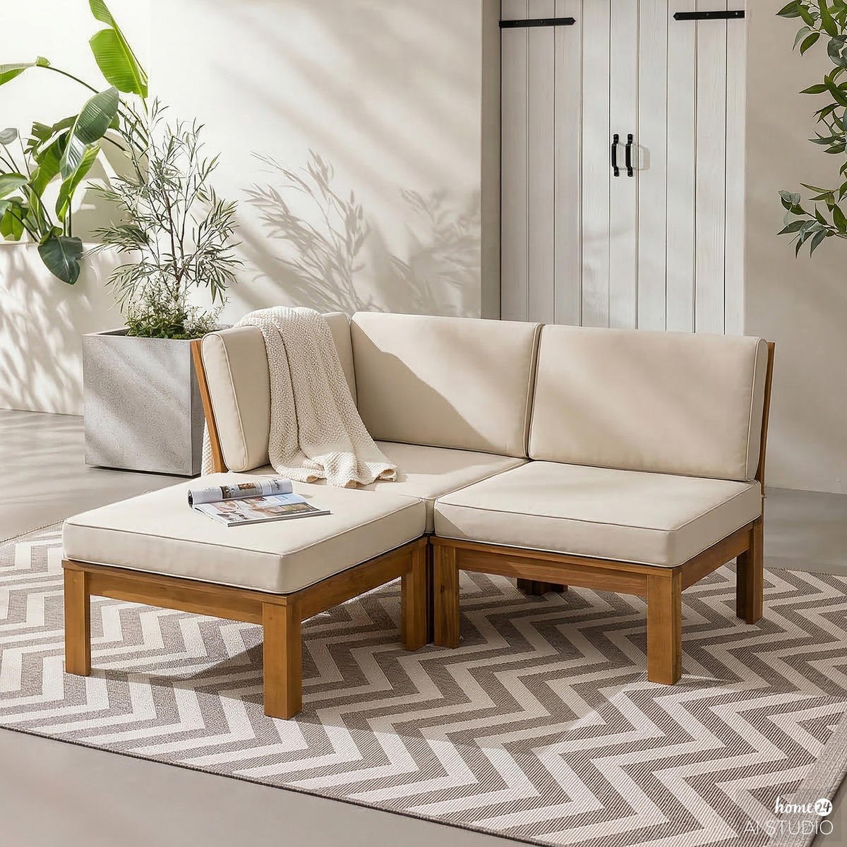 LOUNGEHOCKER - Webstoff / Akazie massiv - Weiß, Holz/Textil (60/38/60cm) - home24