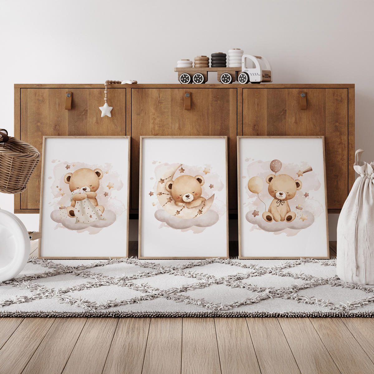 SADA PLAGÁTOV Do Detskej Izby Spiace Medvede Na Oblakoch Hviezdy 3x Plagát A3 30 x 42 cm - hnedá/biela, papier (30/42/1cm) - Muralo