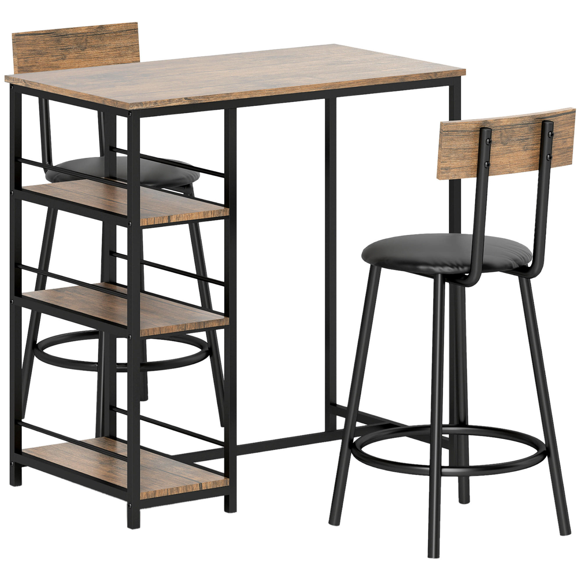 BARTISCH mit Barhocker Set, 3-tlg. Bartisch-Set mit Küchentisch, 2 Barstühlen - Naturfarben, Metall (50/90.5/90cm) - HOMCOM