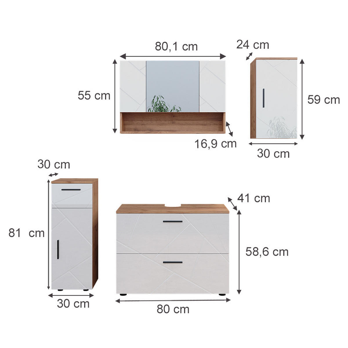 BADMÖBEL-SET Irma Weiß Hochglanz/Goldkraft Eiche 4 Teile - Honigeiche/Weiß Hochglanz, Holzwerkstoff (80/58.6/41cm) - Vicco