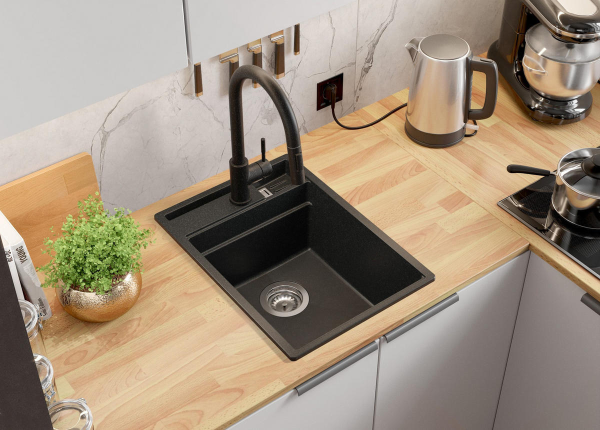 SPÜLBECKEN Oslo, 2-er set Anthrazit 38/53 cm, 1 Becken + Ablauf-Set ab 40er Unterschrank - Chromfarben/Anthrazit, Kunststoff (38/20/53cm) - Primagran