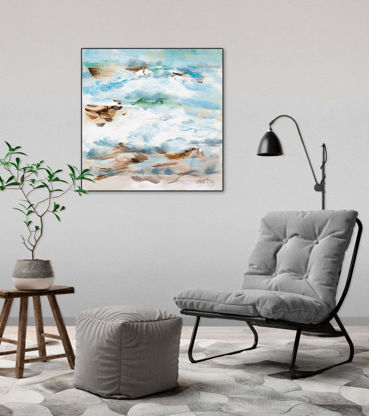 ACRYLBILD HANDGEMALT 60/60 cm - Blau/Beige, Holz/Textil (60/60cm) - KUNSTLOFT