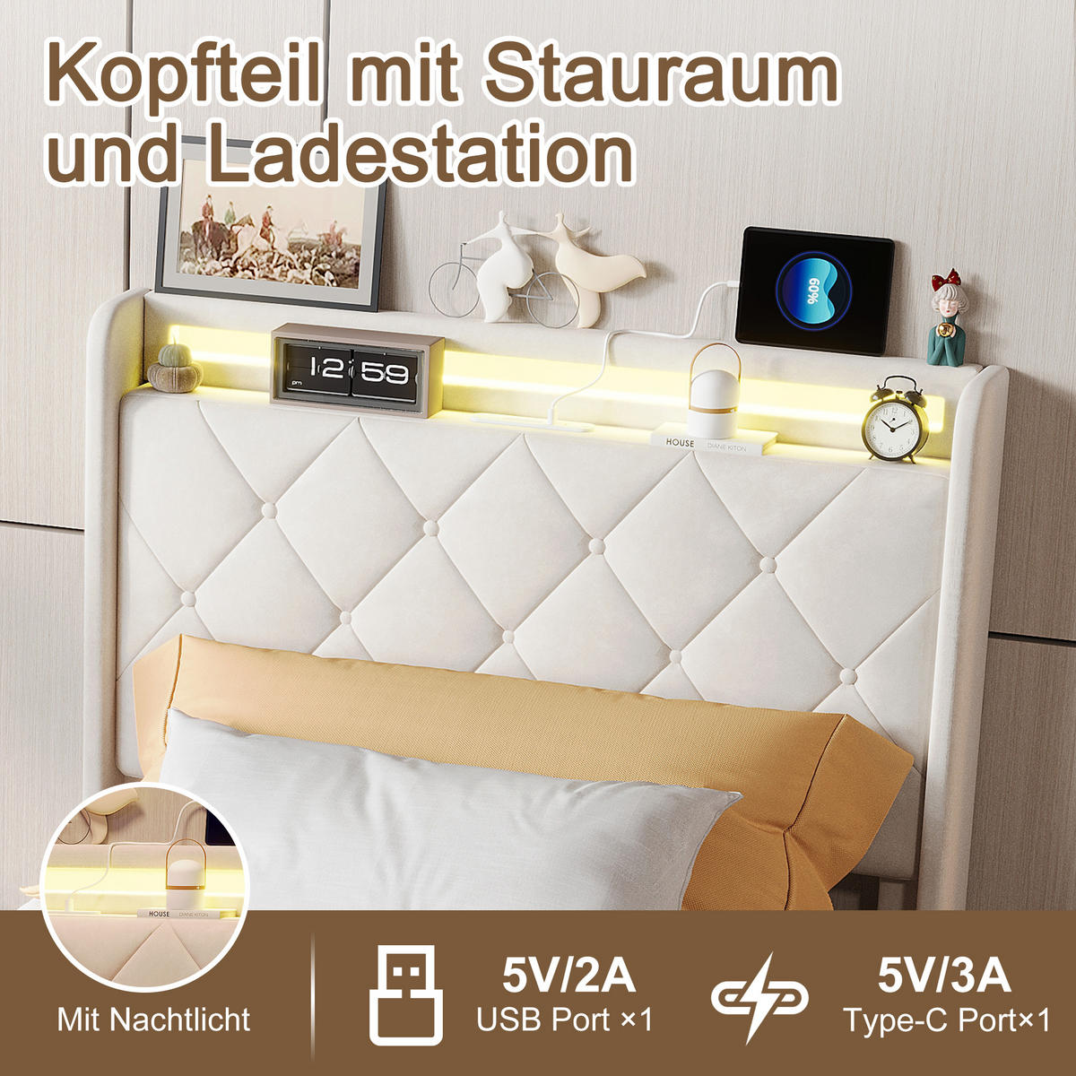 POLSTERBETT 90x200 cm mit 2 Schubladen, LED, USB & Type-C, Einzelbett Kopfteil und Lattenrost, Beige - Beige, Metall (90/200cm) - EuroLiving