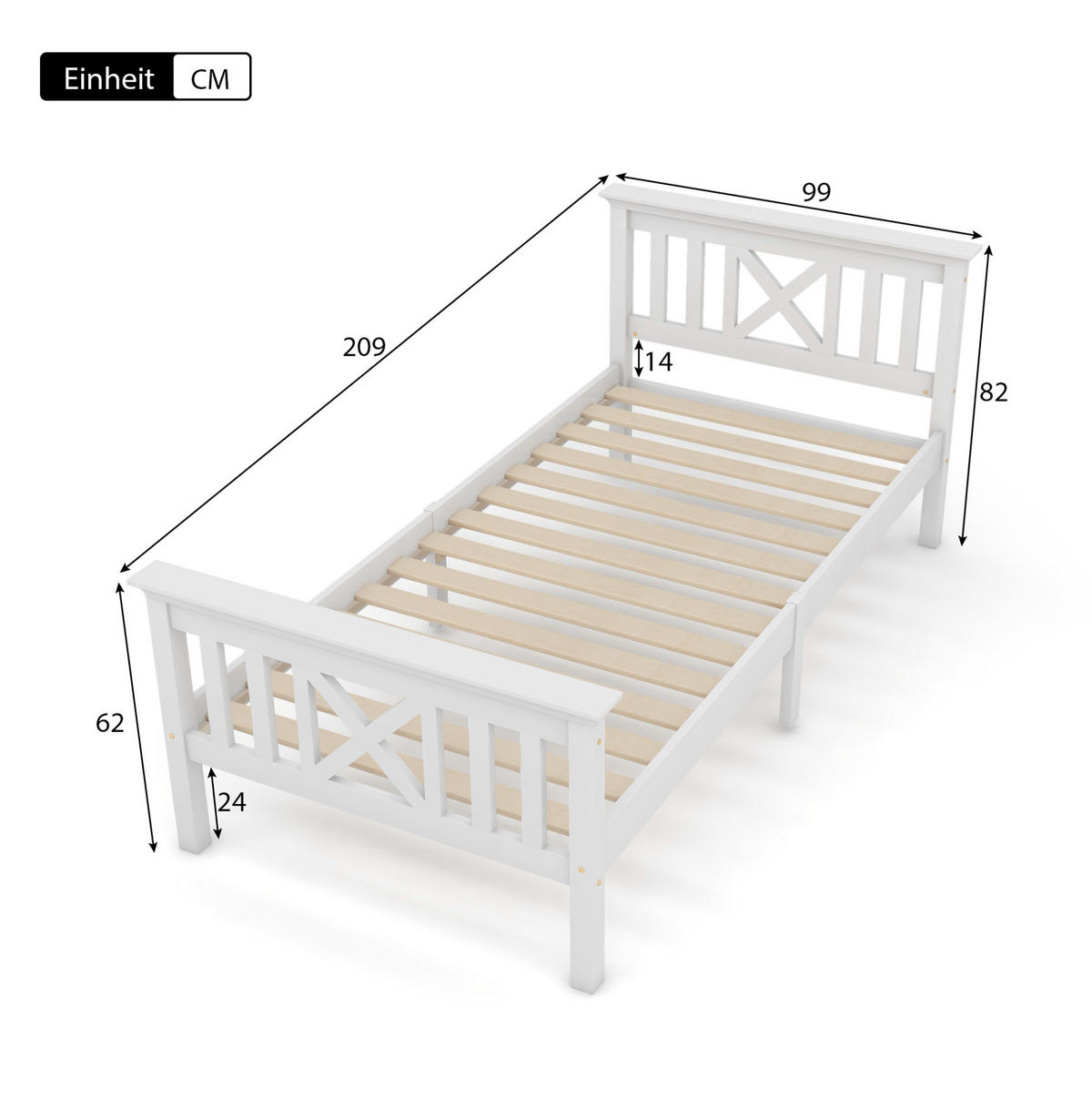 EINZELBETT 90/200 cm mit Lattenrost und X-förmigem Kopfteil, Weiß - Weiß, Holzwerkstoff (90/200cm) - Redom