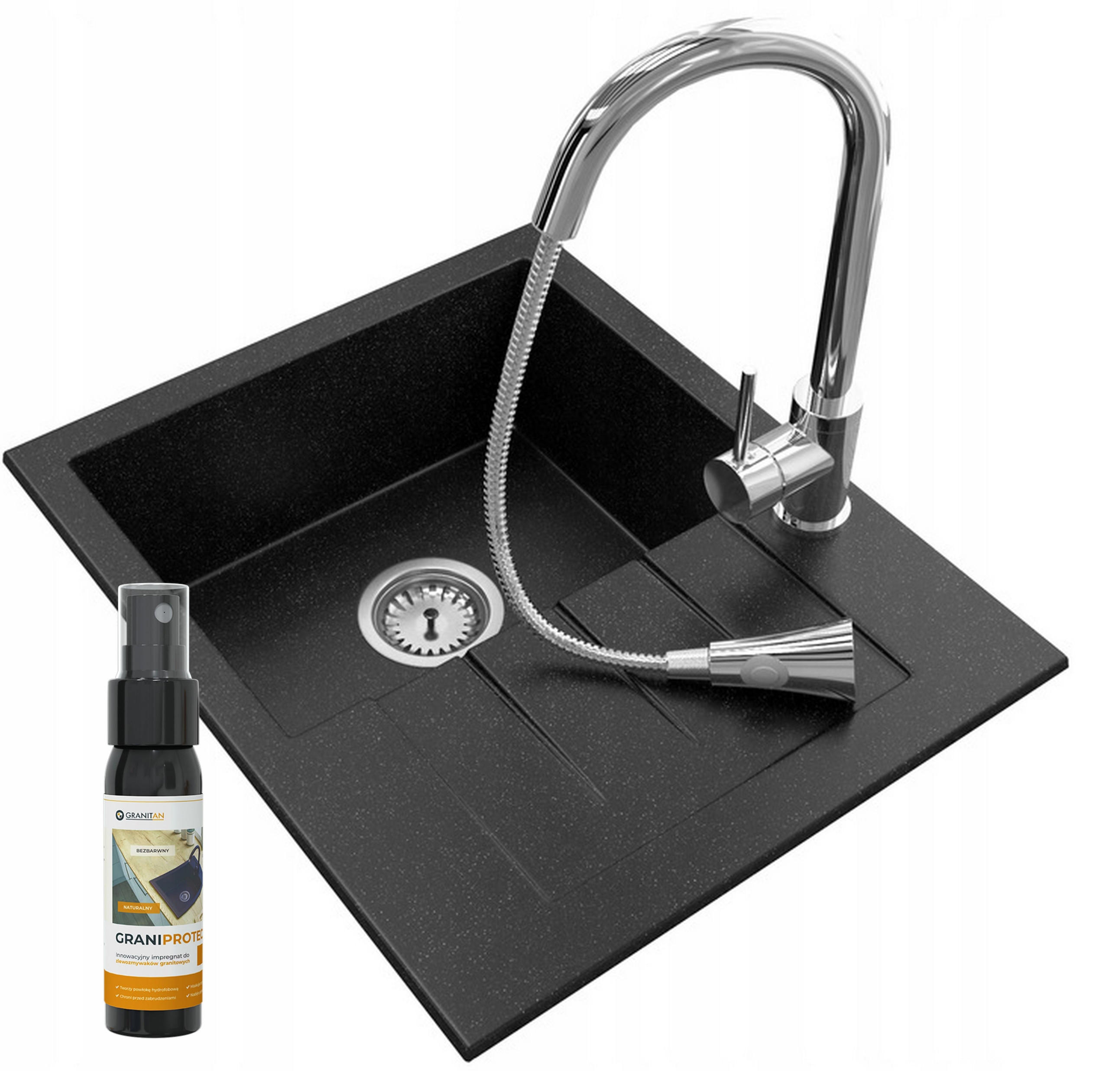 SPÜLBECKEN MILANO mit Batterie Siphon - Schwarz, Kunststoff/Stein (46/16/57cm) - Granitan