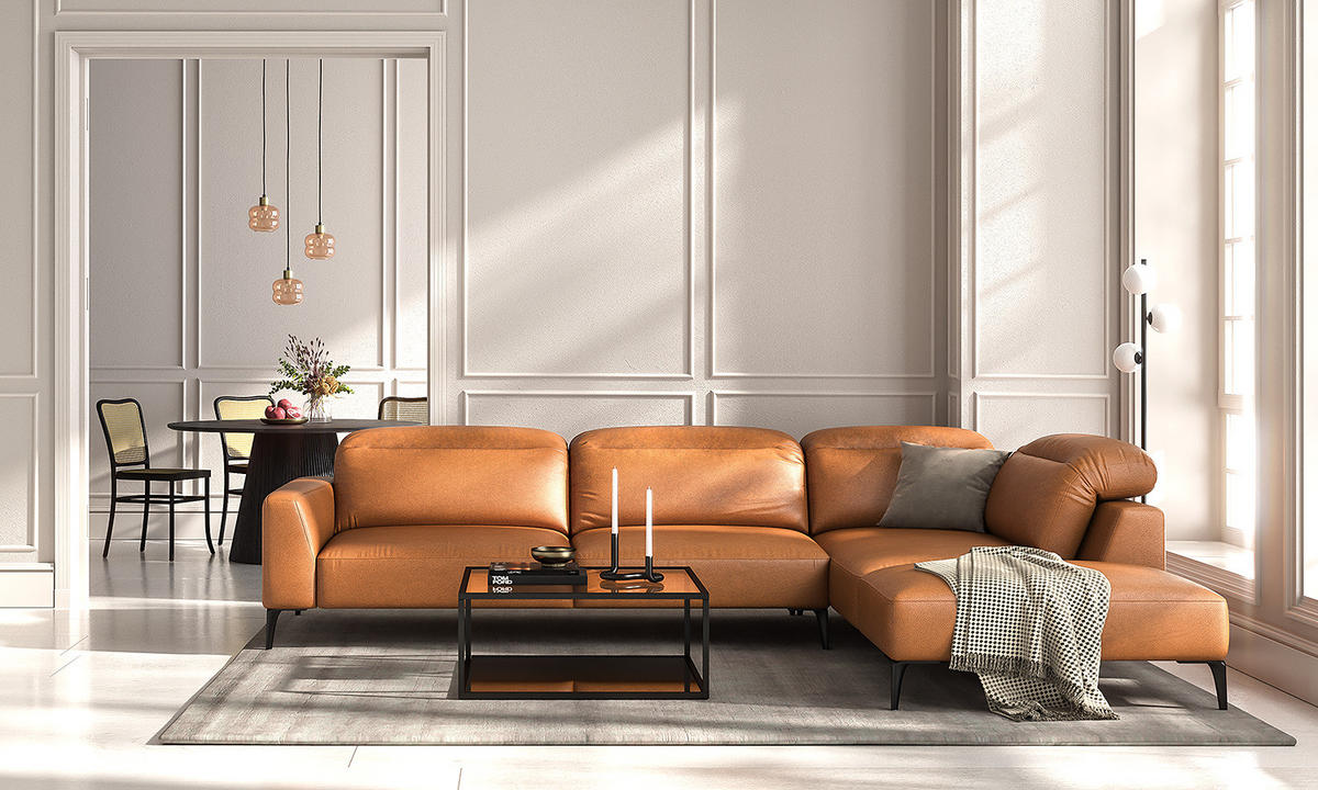 ECKSOFA mit Ottomane - Cognac/Schwarz, Leder/Metall (325/238cm) - home24