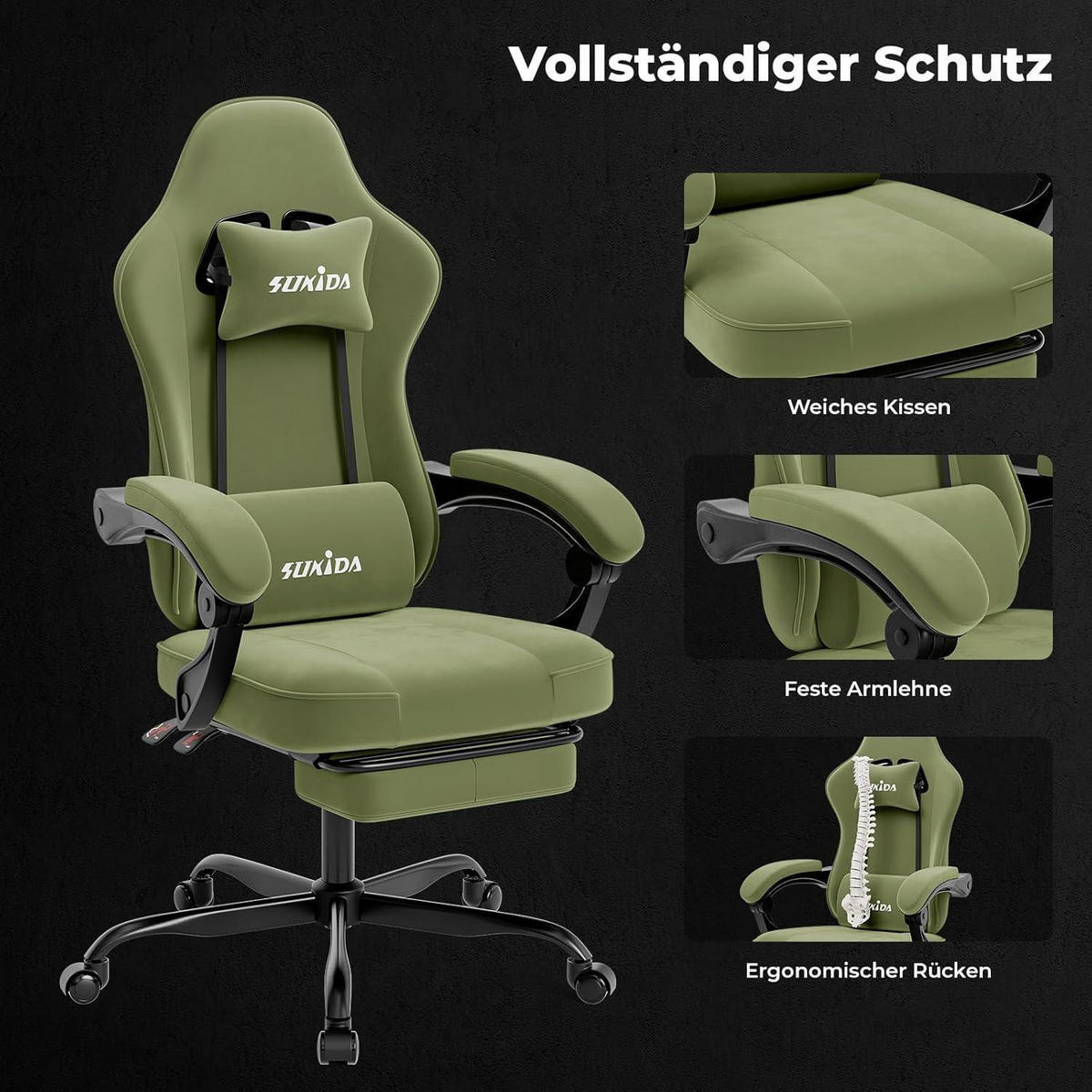 GAMING Stuhl mit Fußstütze Grün - Grün, Textil (62/130/49cm)