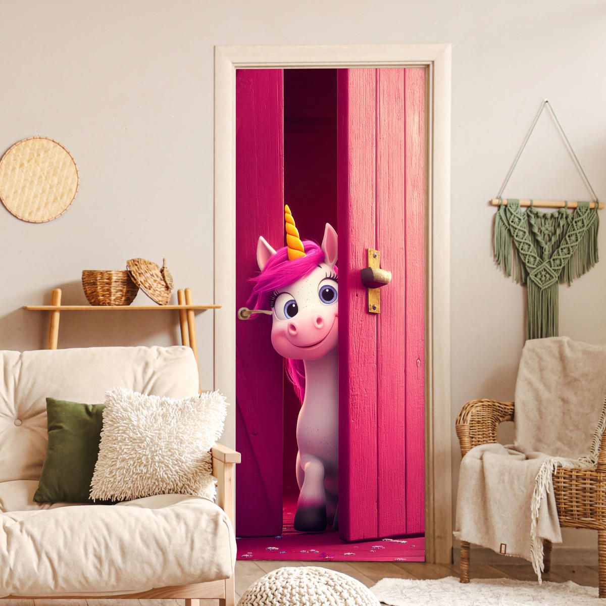 NÁLEPKA NA DVERE Jednorožec - Ružová - Dvere - Fantázia 80x215 cm - pink, plast (80/0.1cm) - MuchoWow