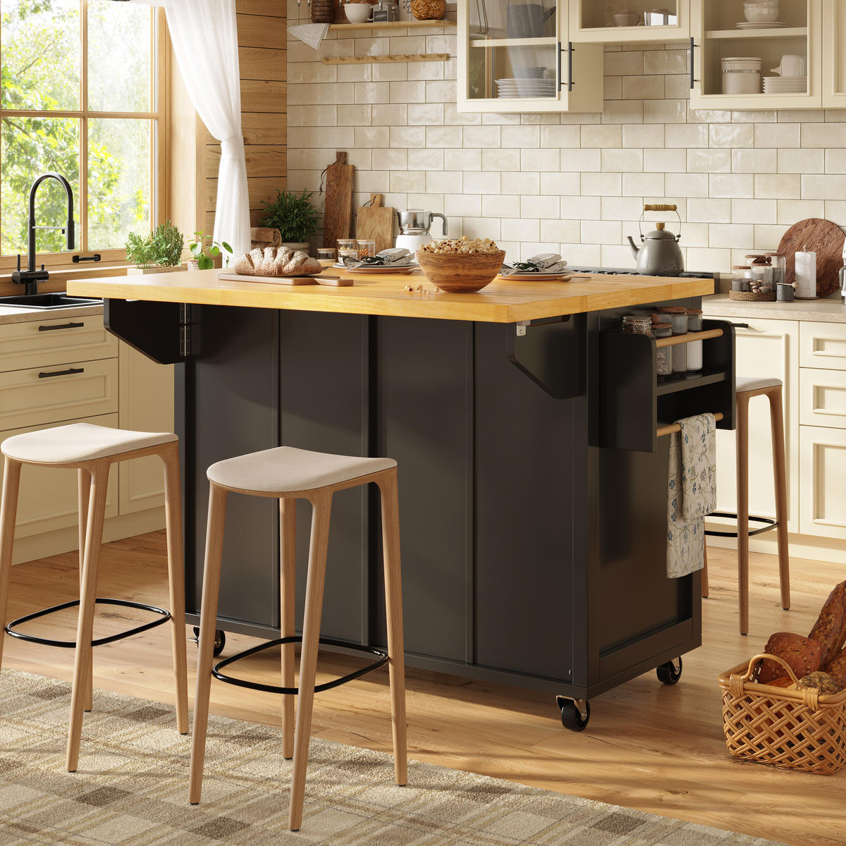 KÜCHENINSEL Servierwagen Stauraum Bremsen Schwarz - Schwarz, Holzwerkstoff (140/93.5/45cm) - FLIEKS