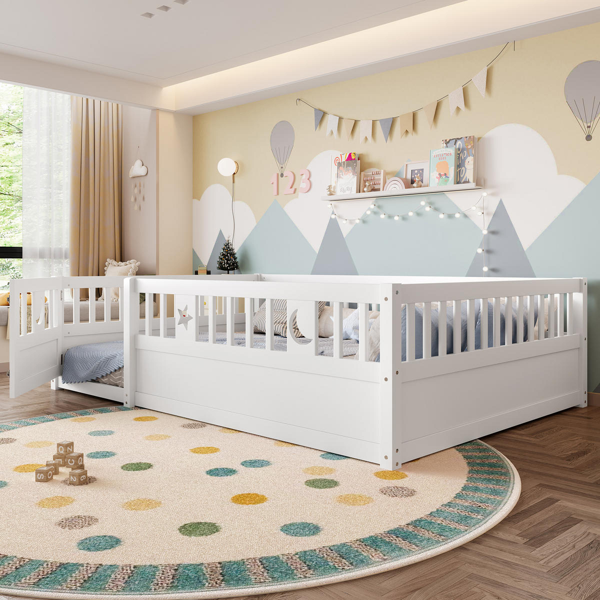 KINDERBETT 140/190 cm Weiß mit Gitter und Stern- und Monddekoration - Weiß, Holz (140/190cm) - OKWISH