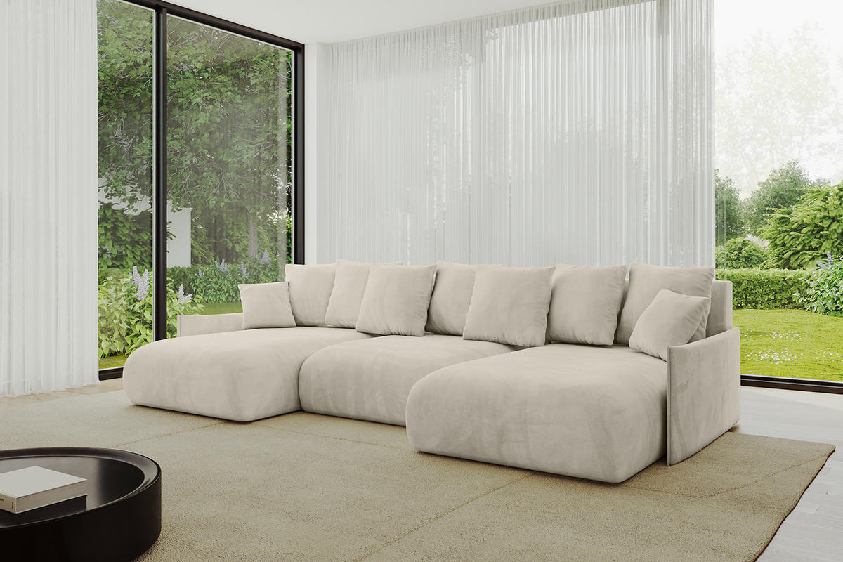 WOHNLANDSCHAFT mit Schlaffunktion und Bettkasten ONESK-U-v1 317x177x72 Ecru Velours - Ecru, Holzwerkstoff/Kunststoff (317/72/177cm) - ALTDECOR