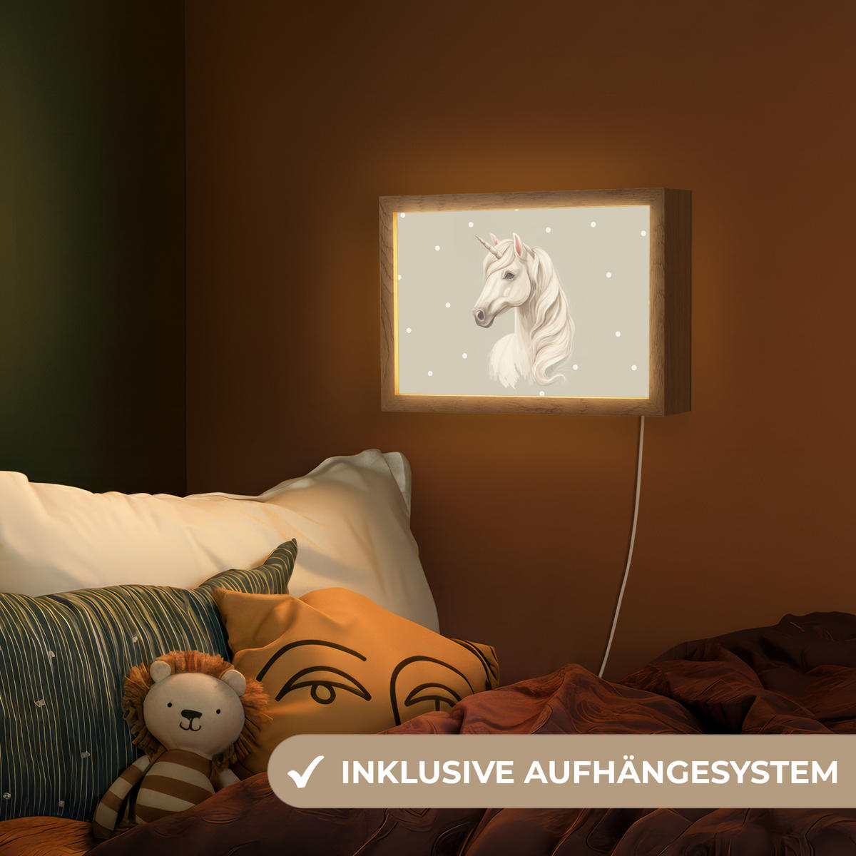 NACHTTISCHLAMPE Einhorn - Weiß - Punkte 30x20 cm - Taupe, Holzwerkstoff (8/30/20cm)