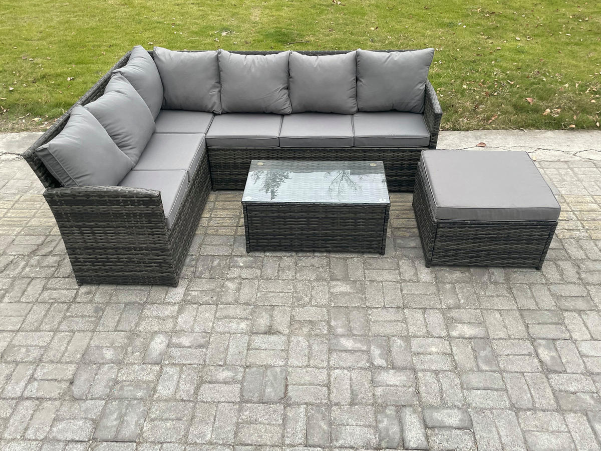 GARTENSET mit Couchtisch, Fußhocker Polyrattan Dunkelgrau 7-Sitzer - Dunkelgrau/Grau, Glas/Kunststoff - Fimous