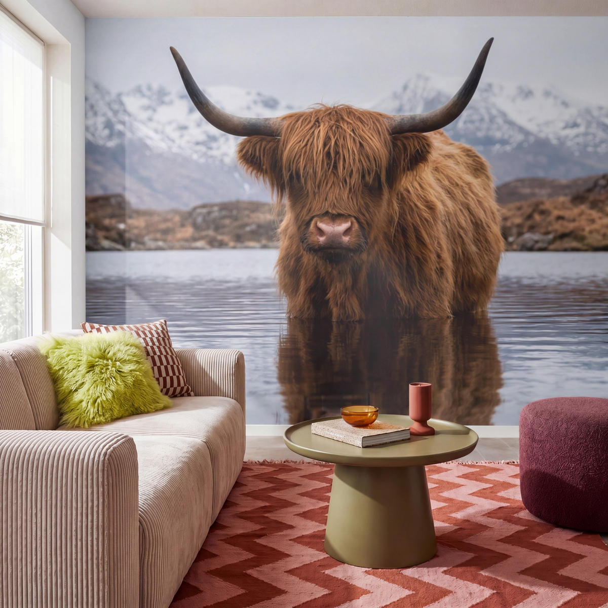 TAPETE - Schottischer Hochländer - Braun - Wasser - 280x220 cm - Braun, Papier (280/220cm) - OnlyWow