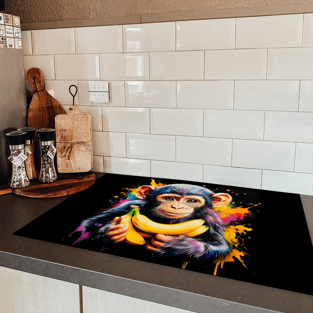 HERDABDECKPLATTE Affe - Graffiti - Farbenfroh - Bananen - Modern 80x52 cm - Gelb, Kunststoff (80/52/0.2cm) - MuchoWow