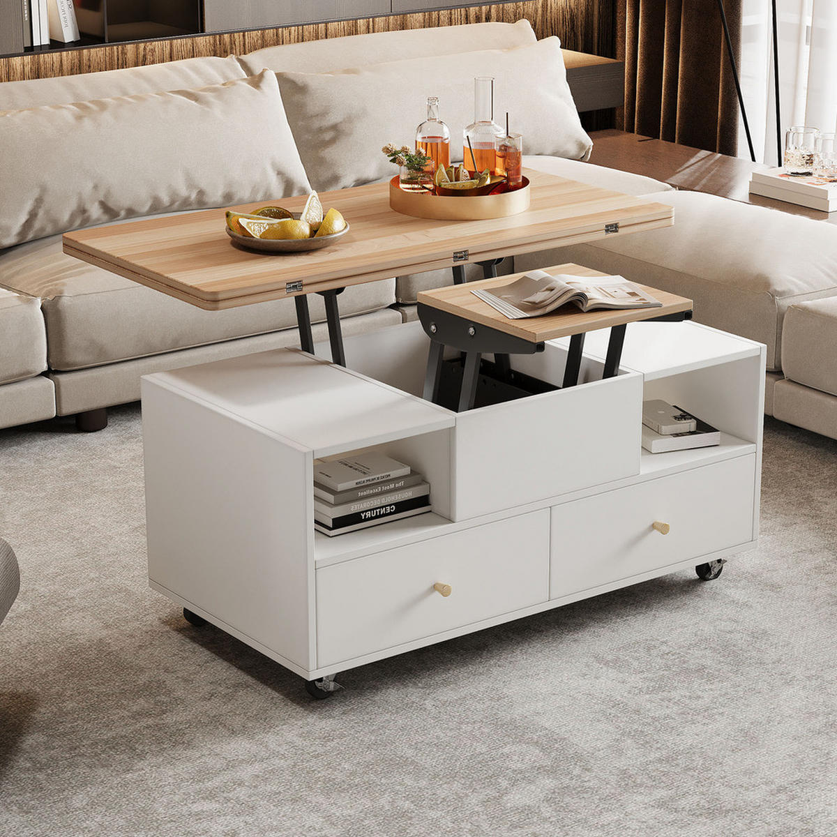 COUCHTISCH 100x50cm Höhenverstellbar Hydraulik Klappbar 4 Schubladen Rollen - Braun, Holz (63.5/52.71/24.77cm) - FLIEKS