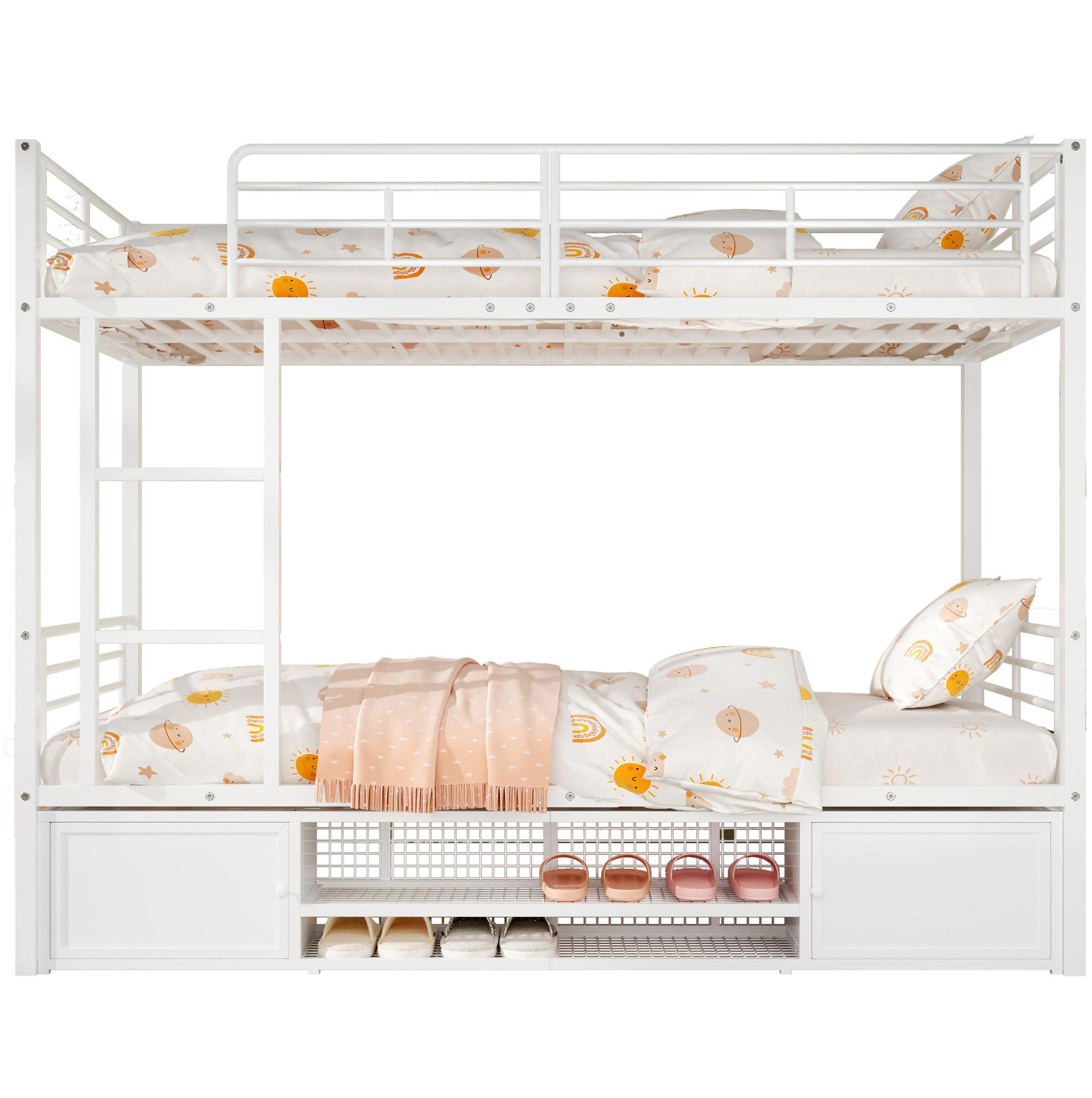 ETAGENBETT 90/200 cm Weiß Metall mit Schuhschrank und seitlicher Leiter - Weiß, Metall (90/200cm) - OKWISH