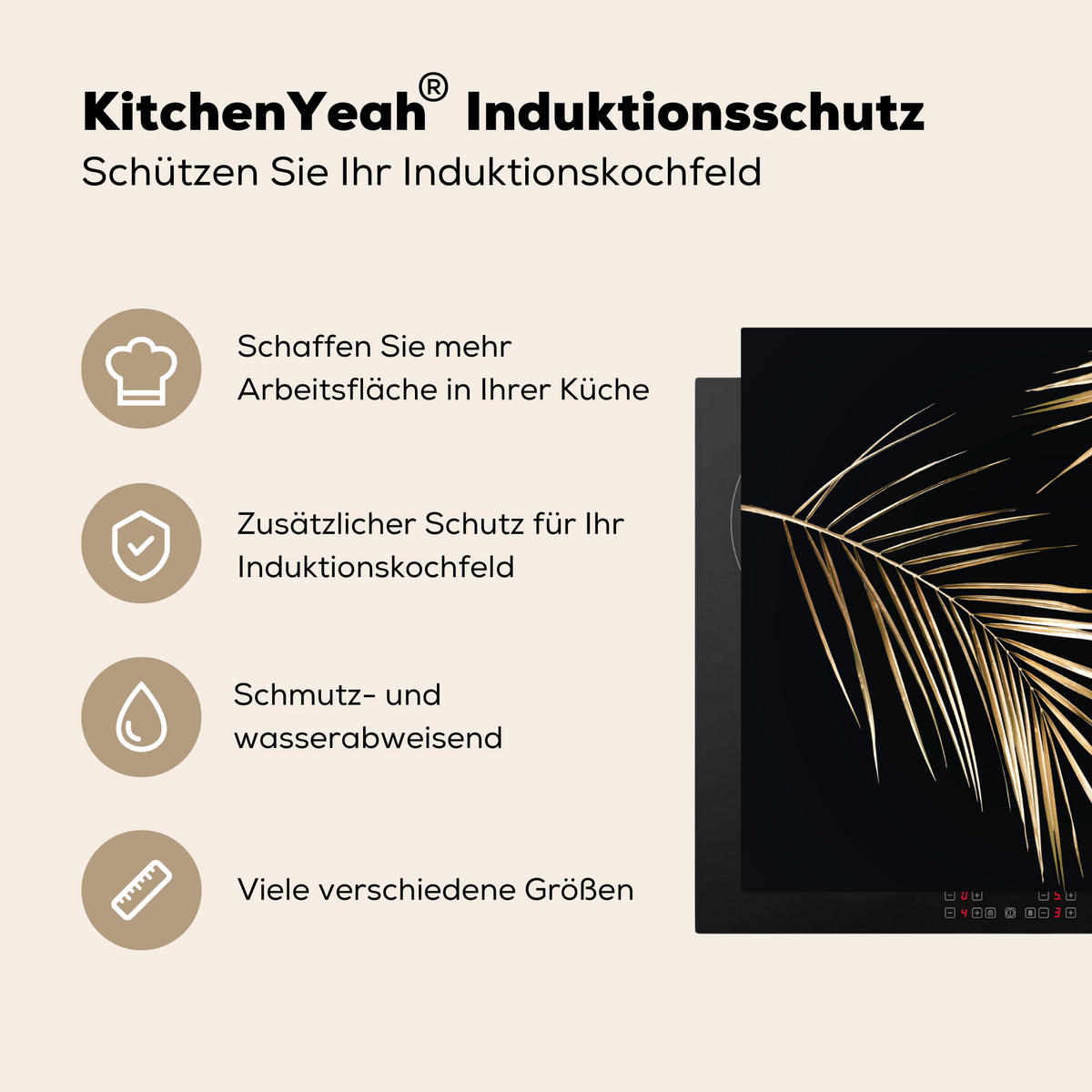 HERDABDECKPLATTE Blätter - Pflanzen - Gold - Schwarz - Luxus 59x52 cm - Goldfarben, Kunststoff (59/52/0.2cm) - MuchoWow