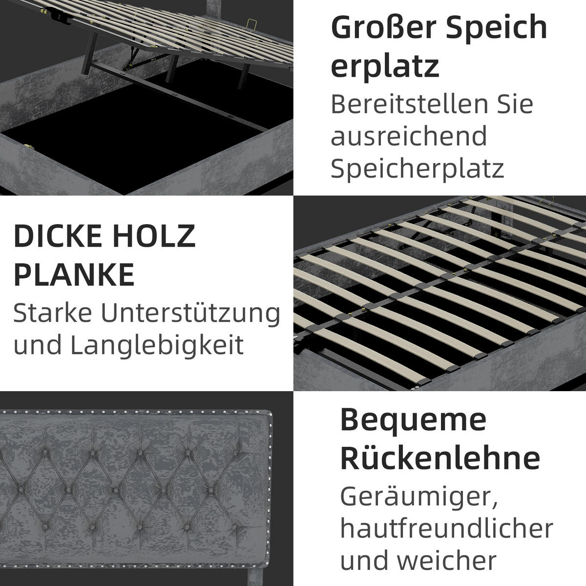 POLSTERBETT 160x200 cm Samt Stauraum hydraulisch grau - Grau, Textil (160/200cm) - LEBENLANG