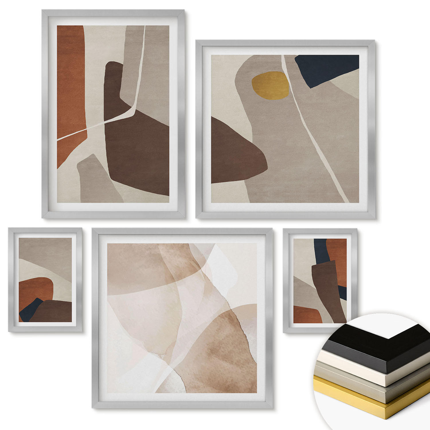 WANDBILDER 5er Set - 50x50 cm & 20x30 cm & 40x60 cm Silberner Rahmen - Abstrakte moderne Formen - Silberfarben, Kunststoff (40/60cm) - ArtPrintCave