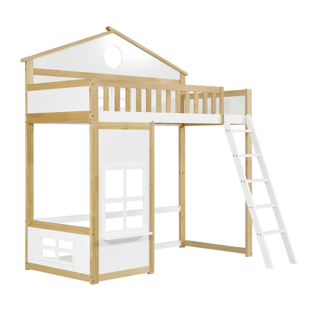 ETAGENBETT 90/200 cm weiß und natur aus Massivholz mit Treppe - Weiß, Holz (90/200cm) - OKWISH