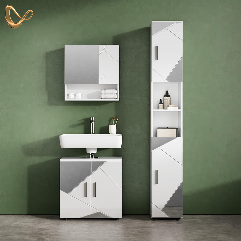 BADSCHRANK Ronco Weiß Hochglanz mit Einsätzen 30 x 192 cm - Weiß Hochglanz/Grau, Holzwerkstoff (30/192/30cm) - Livinity®