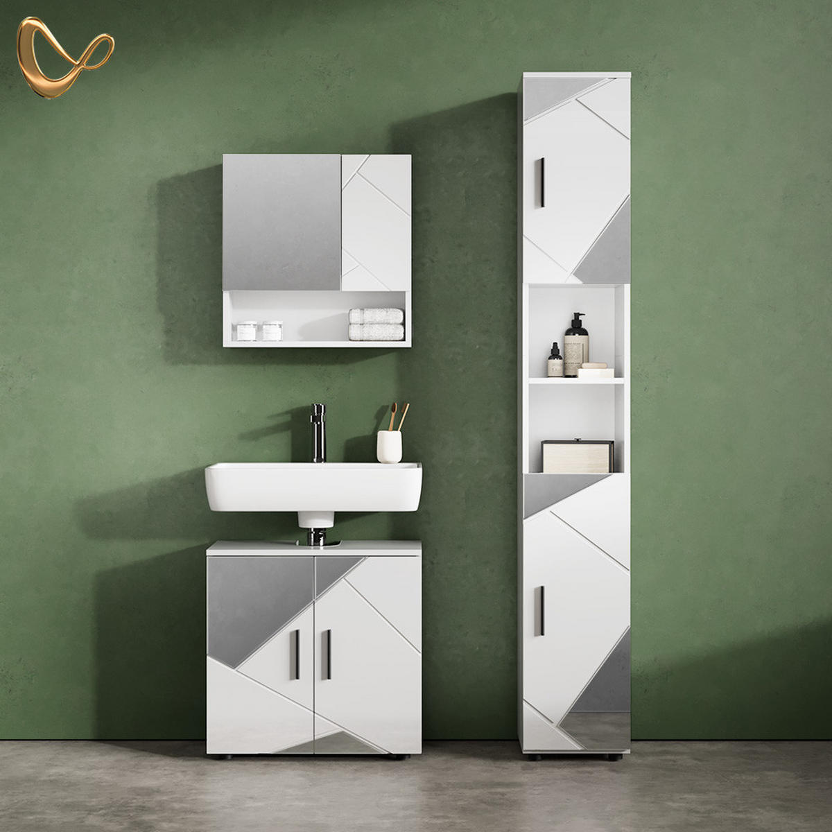 BADSCHRANK Ronco Weiß Hochglanz mit Einsätzen 30 x 192 cm - Weiß Hochglanz/Grau, Holzwerkstoff (30/192/30cm) - Livinity®