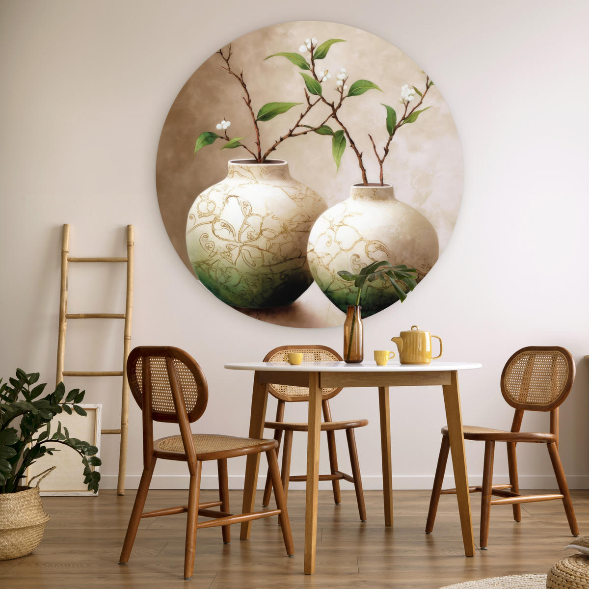 WANDBILD Blumen - Vase - Weiß - Botanisch - Beige 140x140 cm - Ecru, Kunststoff (140/140cm) - MuchoWow