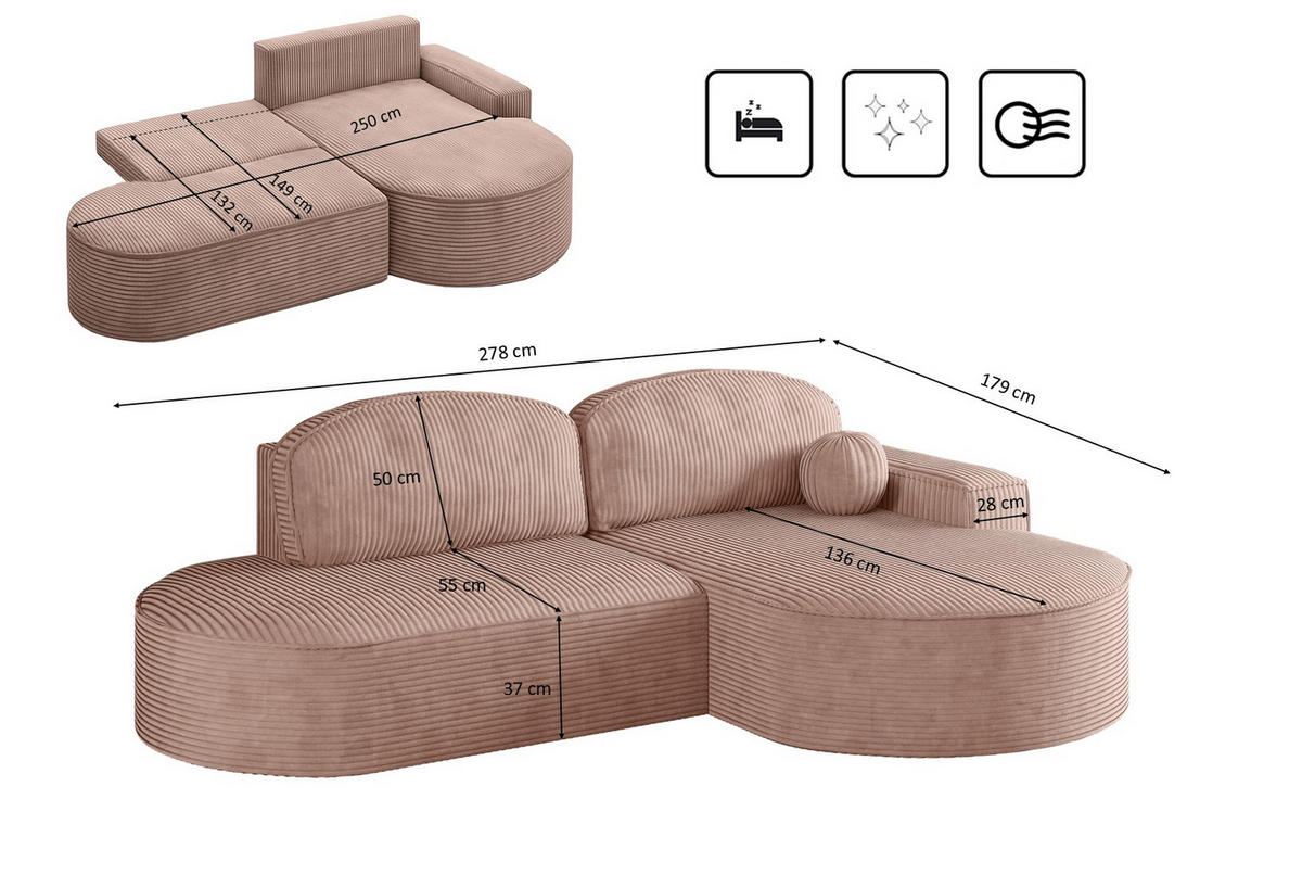 ECKSOFA mit Schlaffunktion und Bettkasten Modena Runden stoff Poso Rosa Rechts - Rosa, Holz/Textil (278/179cm) - Kaiser Möbel