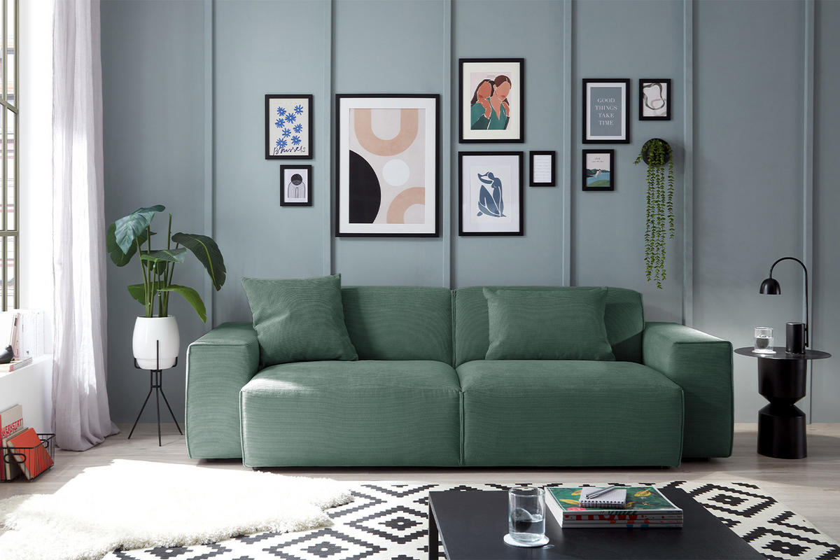 SOFA RANI Smaragdgrün Cord - Smaragdgrün/Schwarz, Kunststoff/Textil (256/71/101cm) - KAWOLA