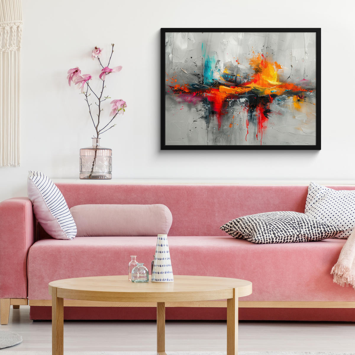 POSTER MIT RAHMEN Moderne Kunst - Orange - Grau - Abstrakt 80x60 cm - Hellgrau, Papier (80/60cm) - MuchoWow