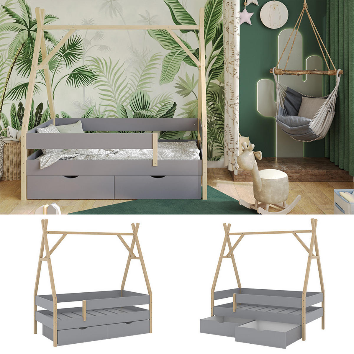 TIPI-BETT Bali Grau 80x160 cm mit 2 Schubladen - Grau, Holz - VitaliSpa