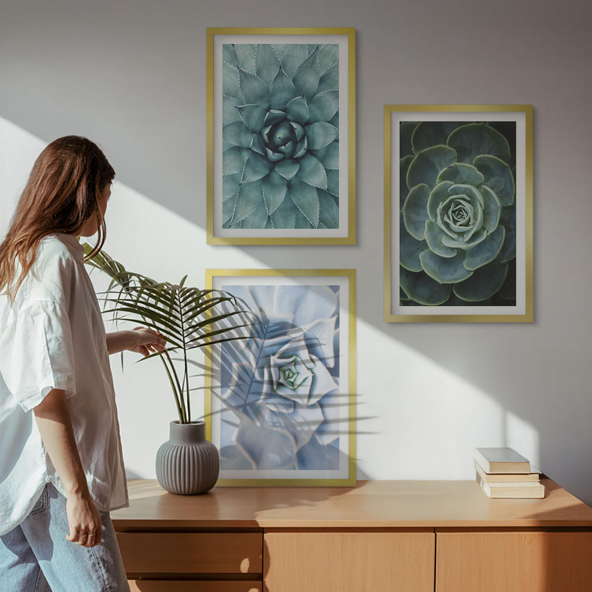 WANDBILDER 3er Set - 40x60 cm Goldrahmen - Sukkulente Pflanzen grün türkis - Goldfarben, Kunststoff (40/60cm) - ArtPrintCave