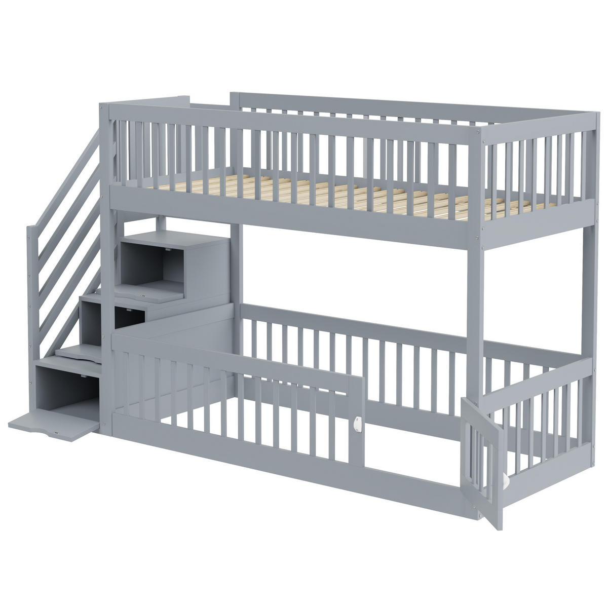 ETAGENBETT 90/200 cm mit Stauraumtreppe, Schubladen und Spielbereich, Grau - Grau, Holzwerkstoff (90/200cm) - Redom