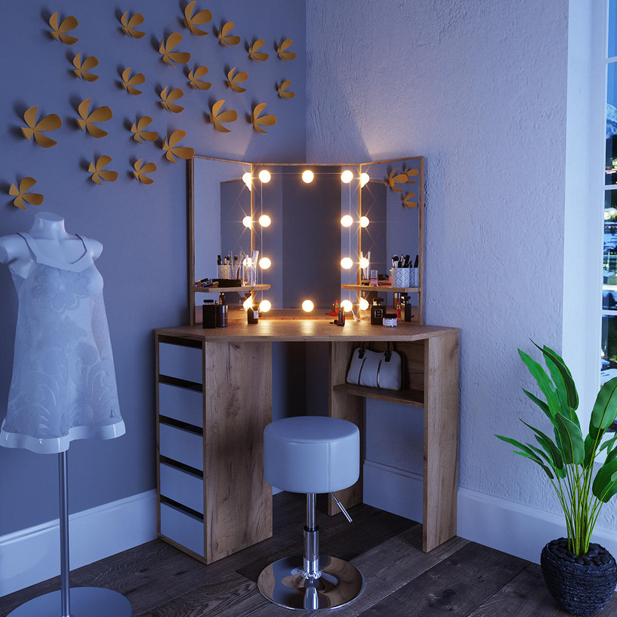 ECKSCHMINKTISCH Arielle Goldkraft Eiche 110 cm mit LED Beleuchtung und Hocker - Eiche Wotan, Holzwerkstoff (110/141.5/54cm) - Vicco