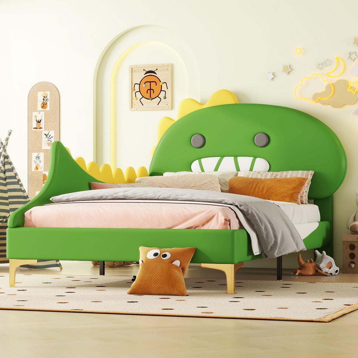KINDERBETT 90/200 cm aus PU und MDF mit Dinosaurier-Kopfteil Grün - Grün, Kunststoff (90/200cm) - Modenvie