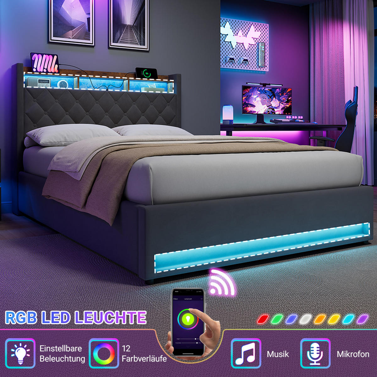 POLSTERBETT 140/200 cm mit Bettkasten und Steckdose Boxspringbett mit USB und LED-Licht Stauraumbett ohne Matratze - Grau, Holzwerkstoff/Textil (140/200cm) - STILVORA