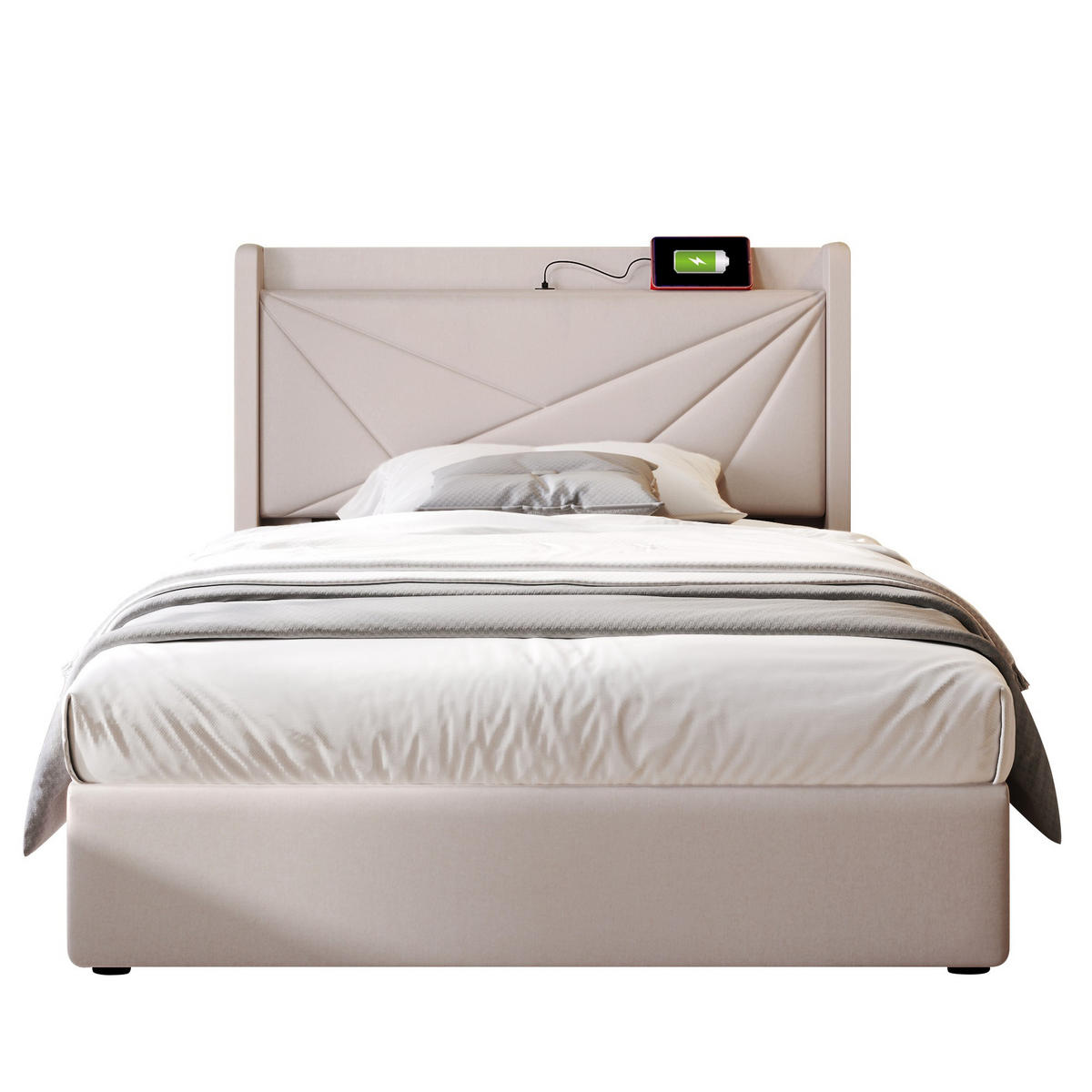 POLSTERBETT 90/200 cm Beige mit Stauraum und USB- und Type-C-Anschlüssen aus Baumwolle-Leinen - Beige, Textil (90/200cm) - OKWISH