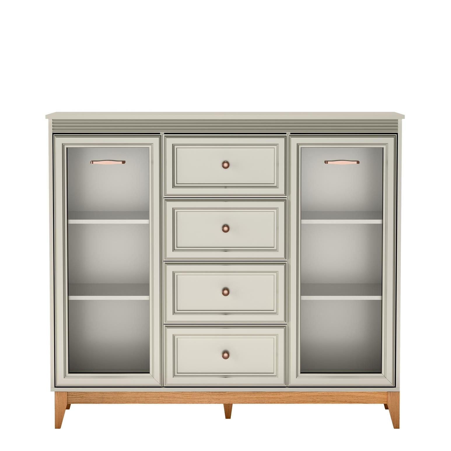 VITRINE Windsor Kaschmir, Breite Viertürige Vitrineschrank mit Schubladen - Kaschmir, Holzwerkstoff (142/126/41cm) - Bettso