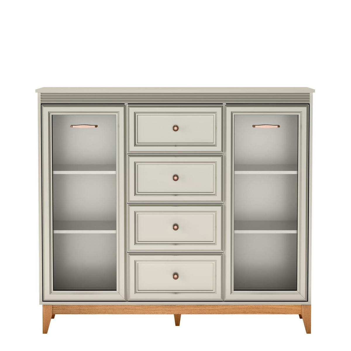 VITRINE Windsor Kaschmir, Breite Viertürige Vitrineschrank mit Schubladen - Kaschmir, Holzwerkstoff (142/126/41cm) - Bettso