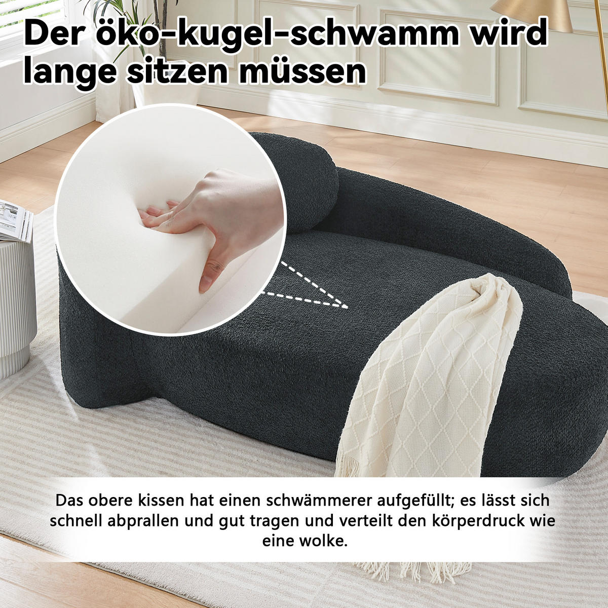 ECKSOFA 170/96/62 cm Schwarz Teddy mit Kissen - Schwarz, Textil (170/96cm) - Oxeza
