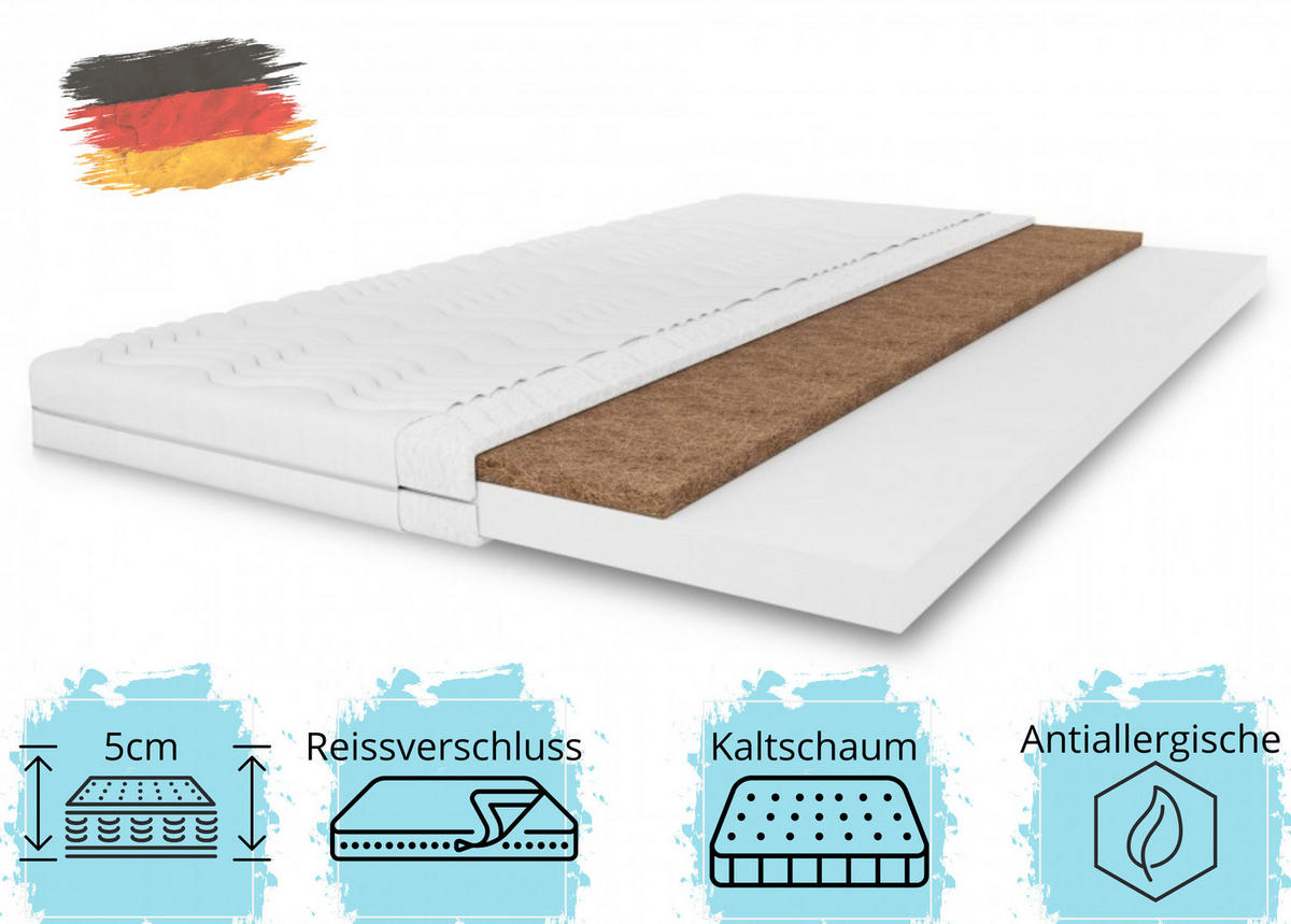 MATRATZENTOPPER TOP5, Kokosauflage Größe: 90x200x5, Frabe: Weiß, hart: H4 - Weiß, Textil (90/200cm) - Marpur
