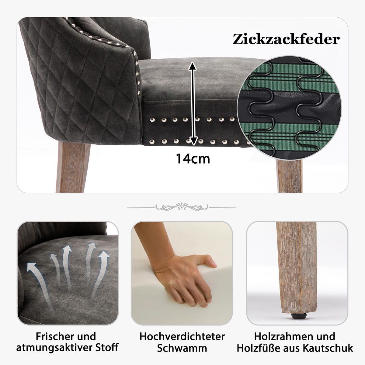 POLSTERSTUHL 2er-Set mit Massivholzbeinen, höhenverstellbar und Türklopfer-Design, heller grau - Grau, Textil (53/95/46.5cm) - Luhomfu