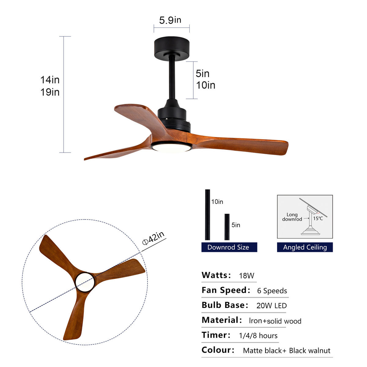 DECKENVENTILATOR DE-16225 42 Zoll mit LED Schwarz/Walnuss - Walnussfarben, Holz/Metall (107/107/36cm) - ComfortXL